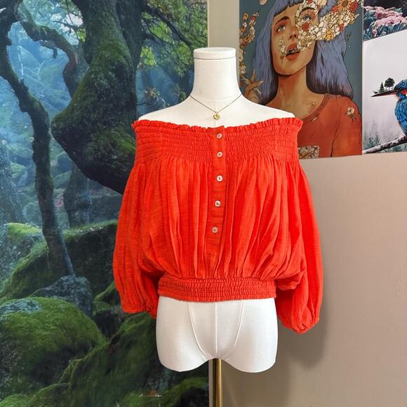 we the free orange off the shoulder smocked button front blouse - Picture 2 of 4